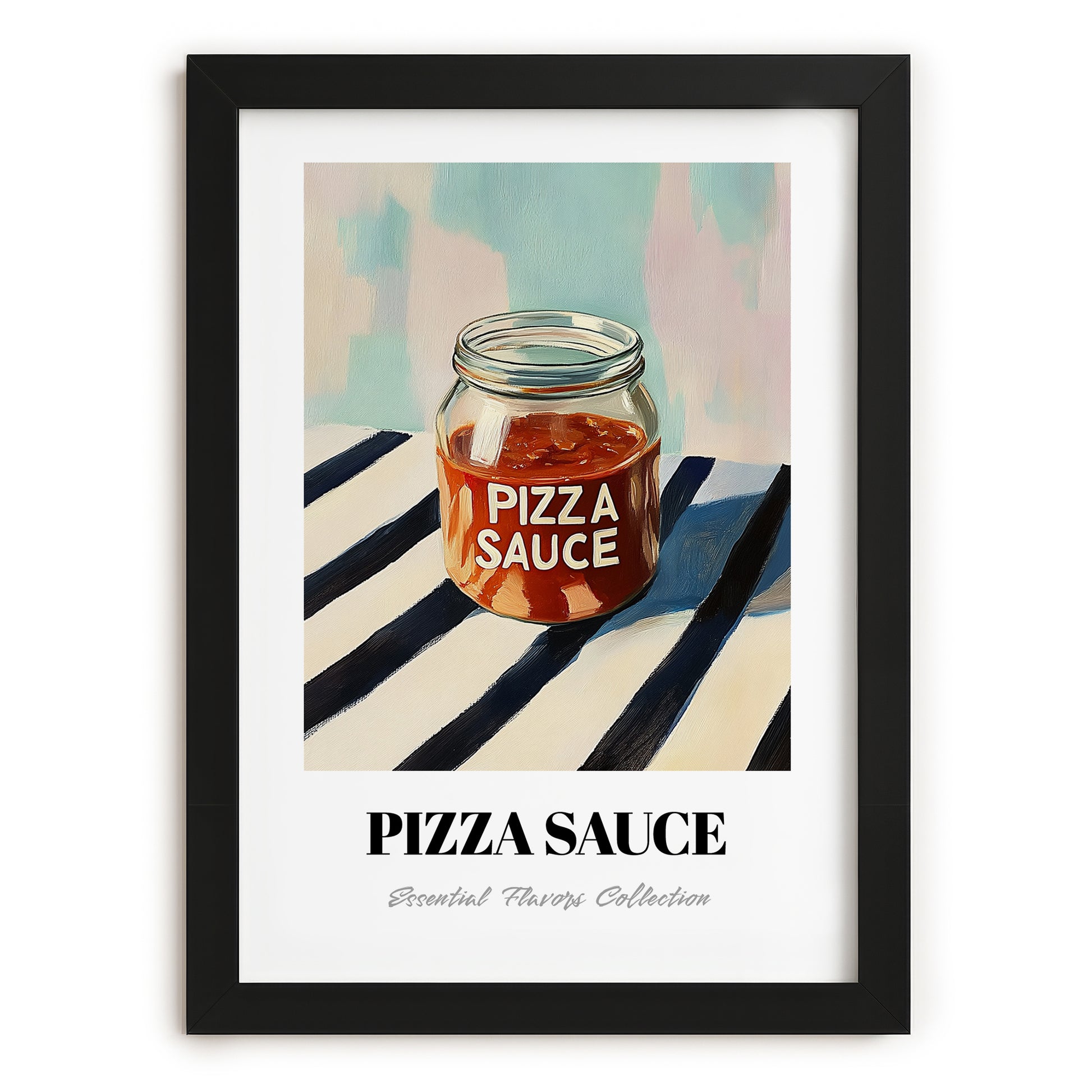 Pizza Sauce – on Striped Tablecloth, Food Stash Wall Decor, in sleek black frame