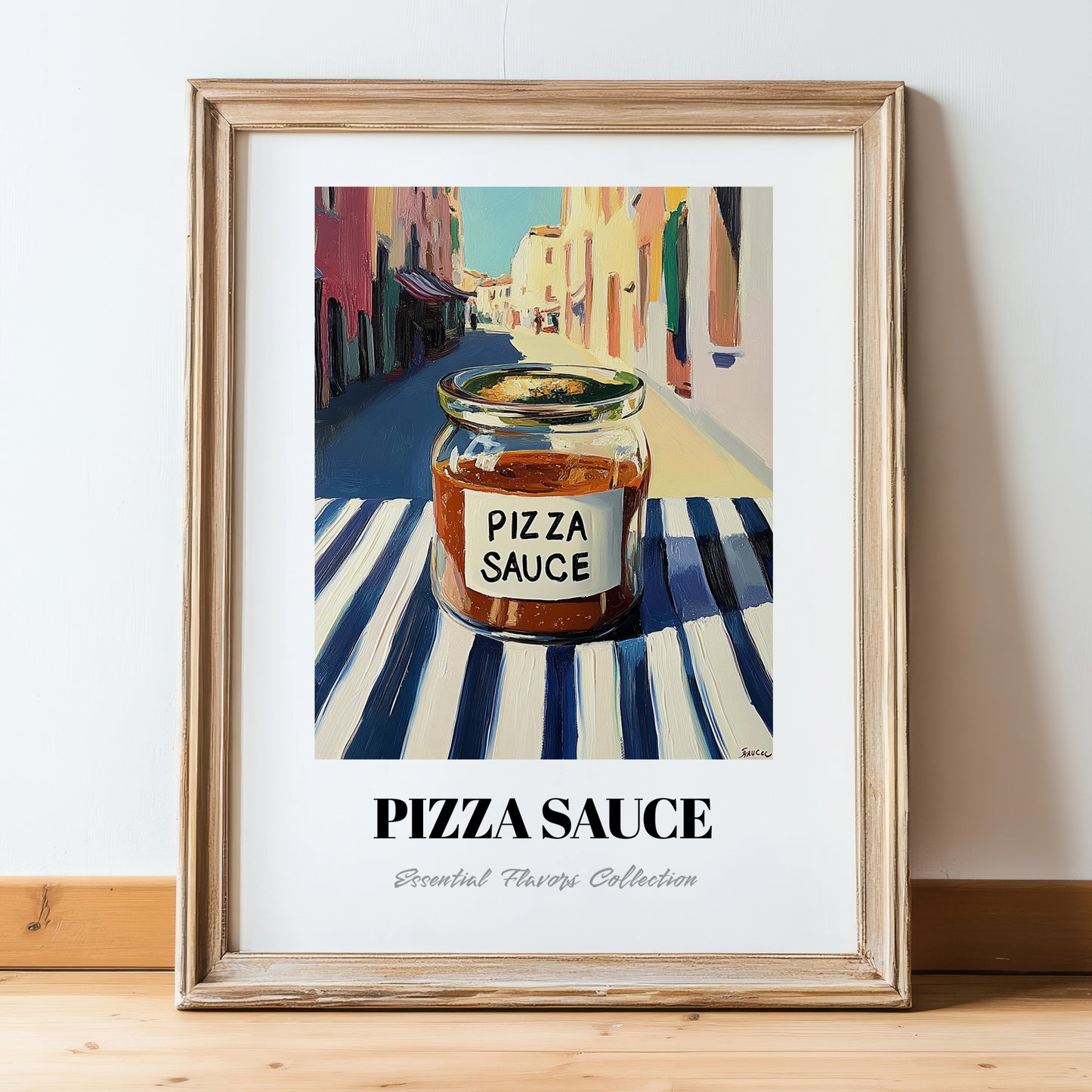 Pizza Sauce – Italian Café on the Corner, Food Stash Poster, in wooden frame leaning on the floor