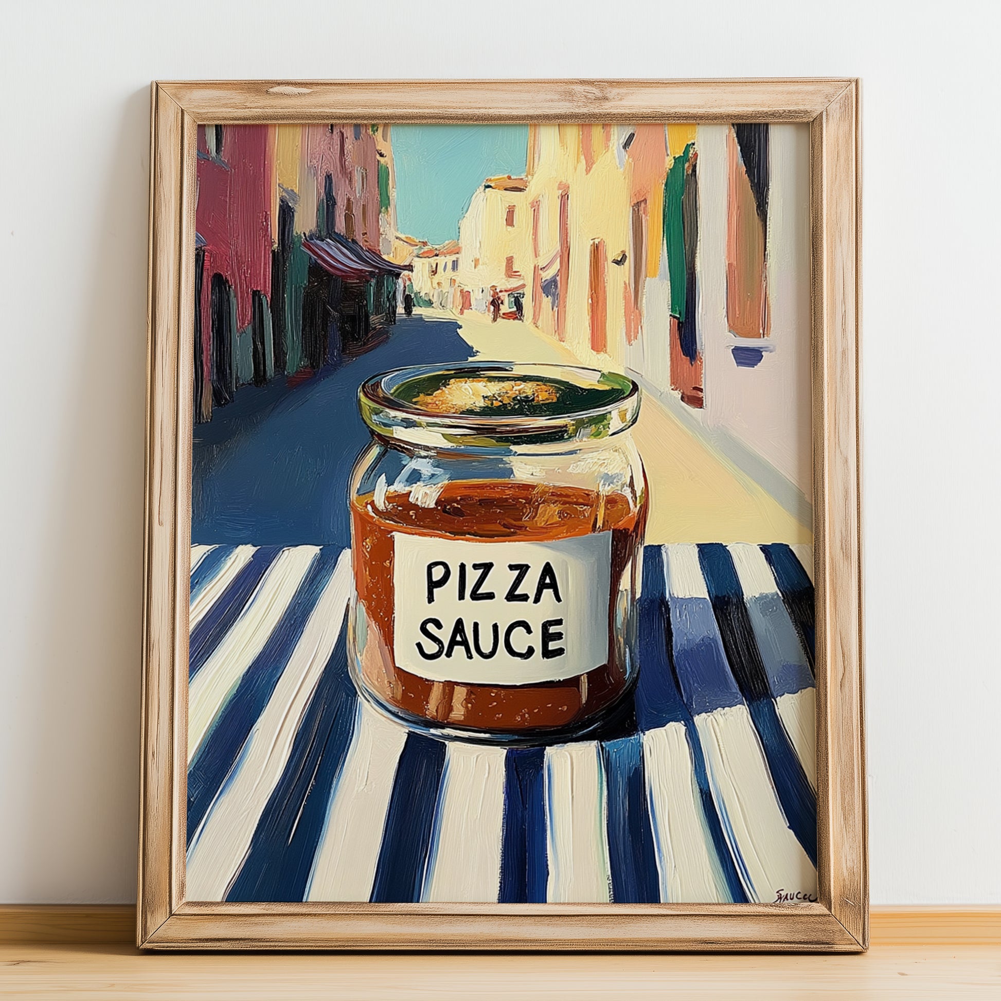 Pizza Sauce – Italian Café on the Corner, Food Stash Poster, no-text version framed in wood