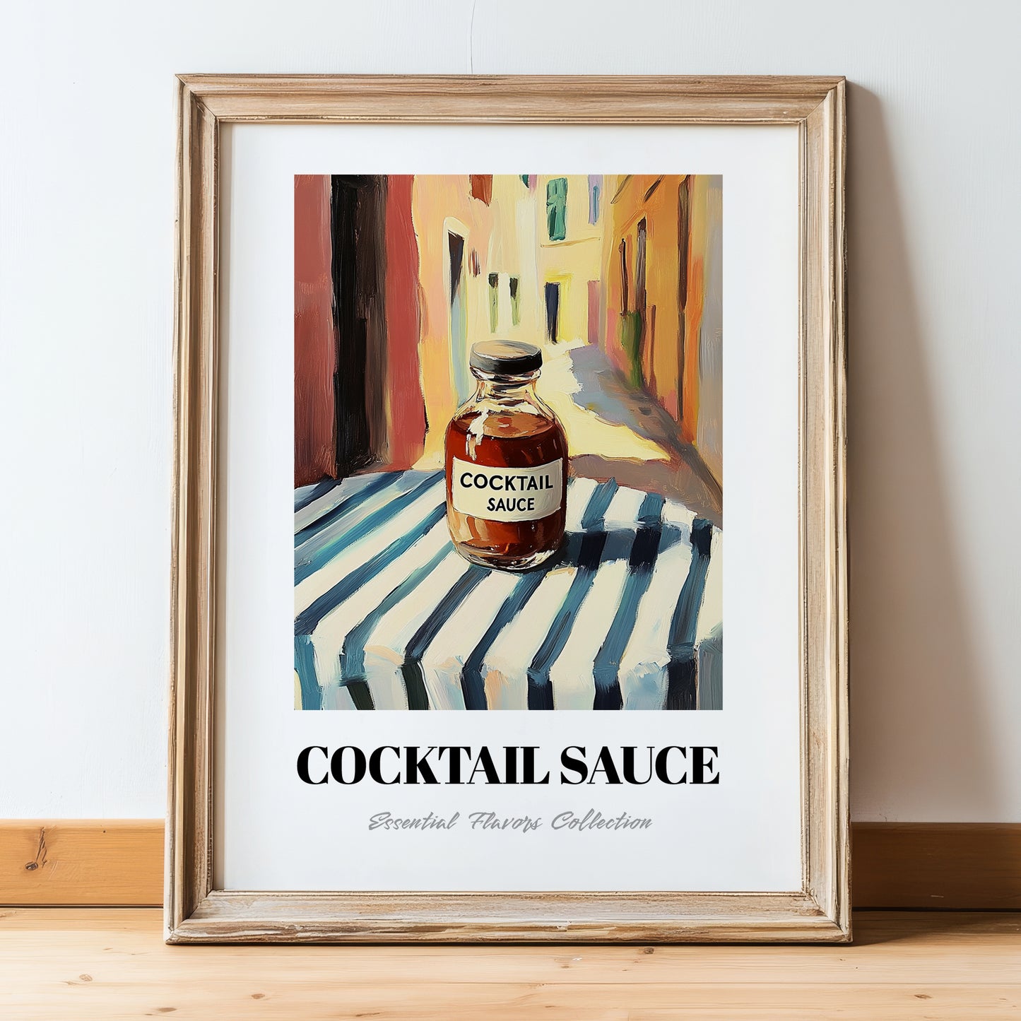 Cocktail Sauce – Italian Café on the Corner, Pantry Illustration, in wooden frame leaning on the floor