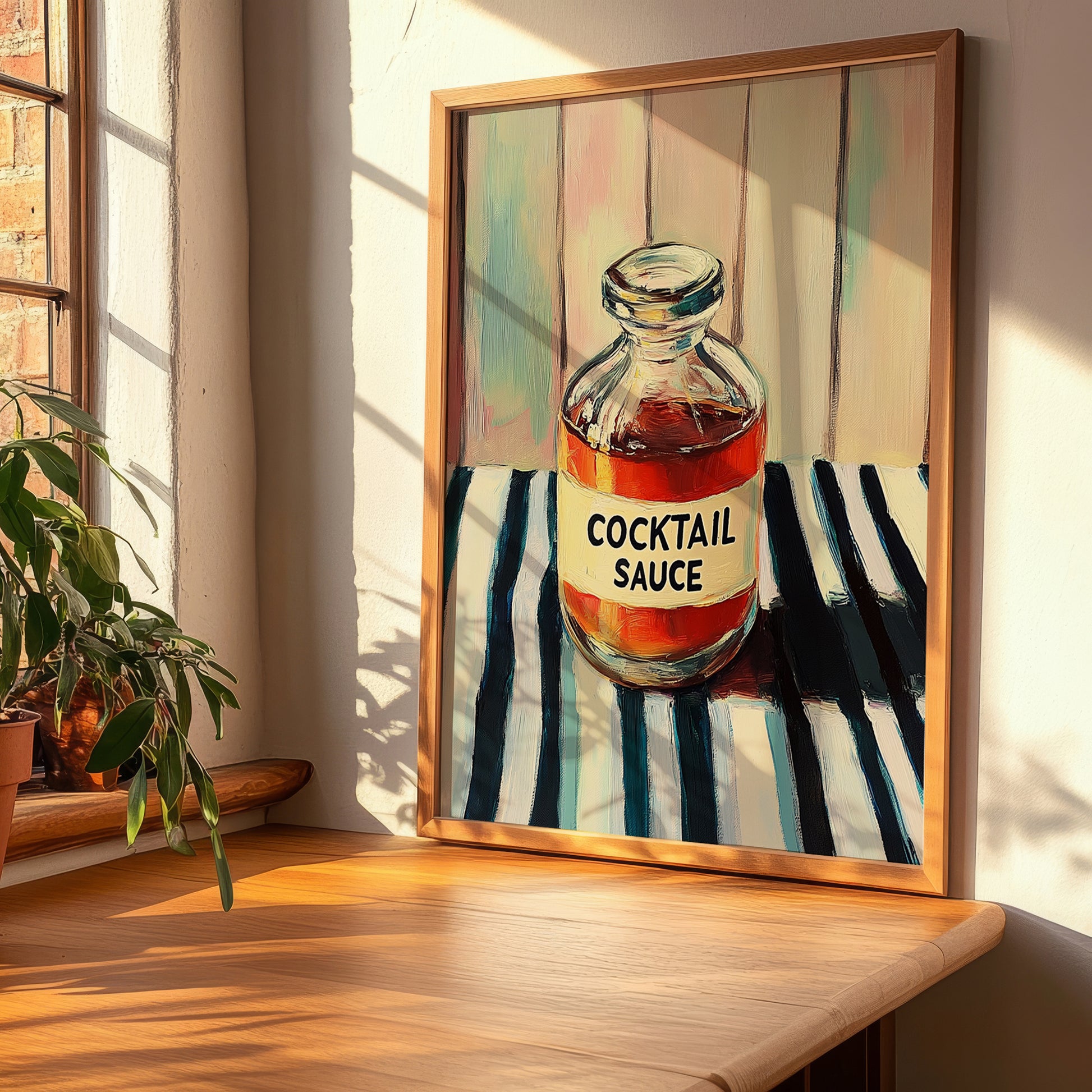 Cocktail Sauce – on Striped Tablecloth, Ingredients Corner Poster, clean layout with no caption