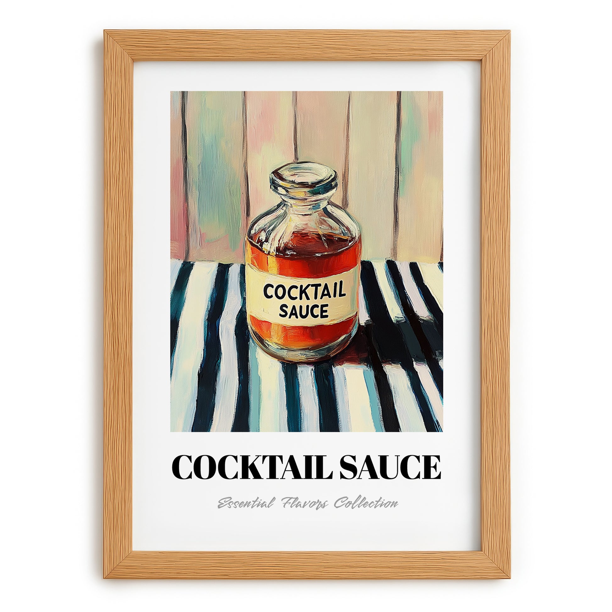 Cocktail Sauce – on Striped Tablecloth, Ingredients Corner Poster, set in oak frame