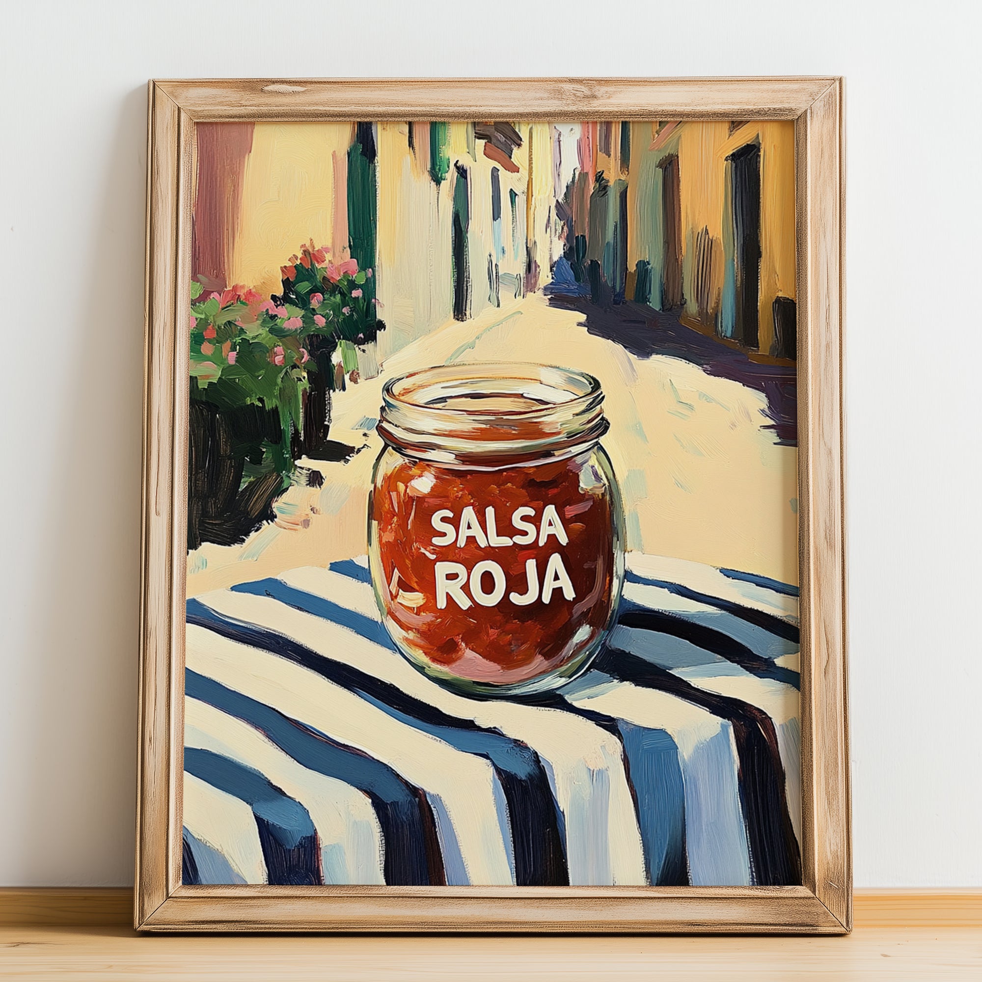 Salsa Roja – Italian Street Café Scene, Pantry Illustration, no-text version framed in wood