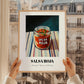 Salsa Roja – on Striped Tablecloth, Food Shelf Poster, styled in a charming Paris street view