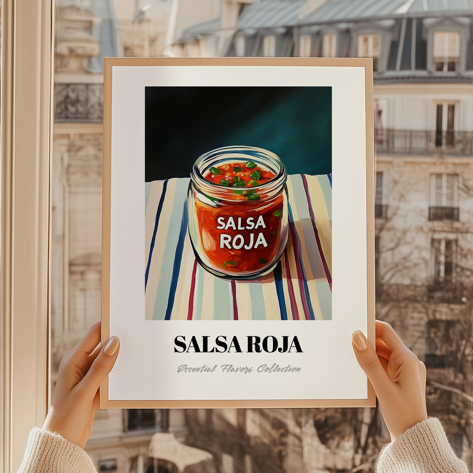 Salsa Roja – on Striped Tablecloth, Food Shelf Poster, styled in a charming Paris street view
