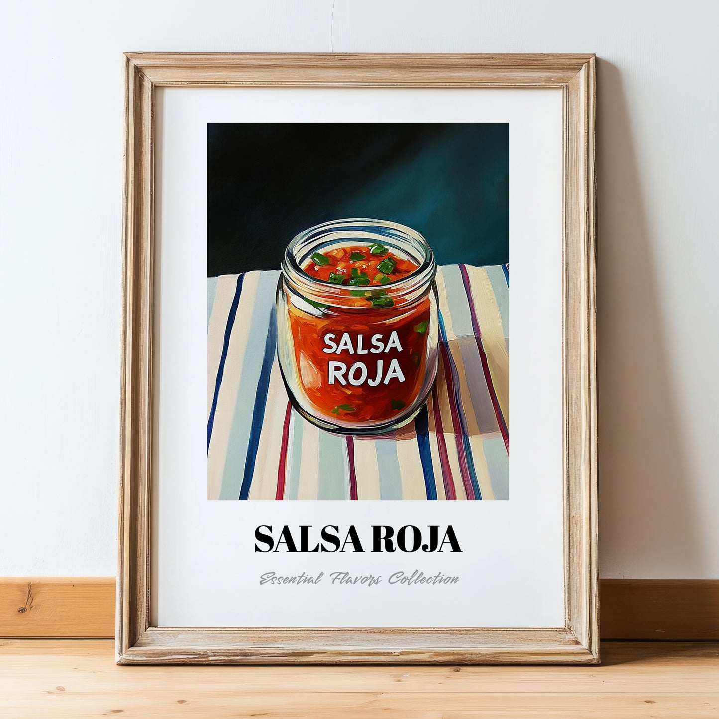Salsa Roja – on Striped Tablecloth, Food Shelf Poster, in wooden frame leaning on the floor