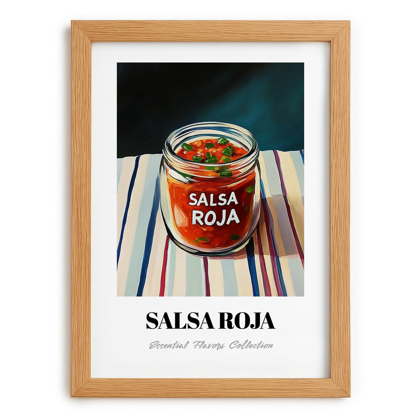 Salsa Roja – on Striped Tablecloth, Food Shelf Poster, set in oak frame