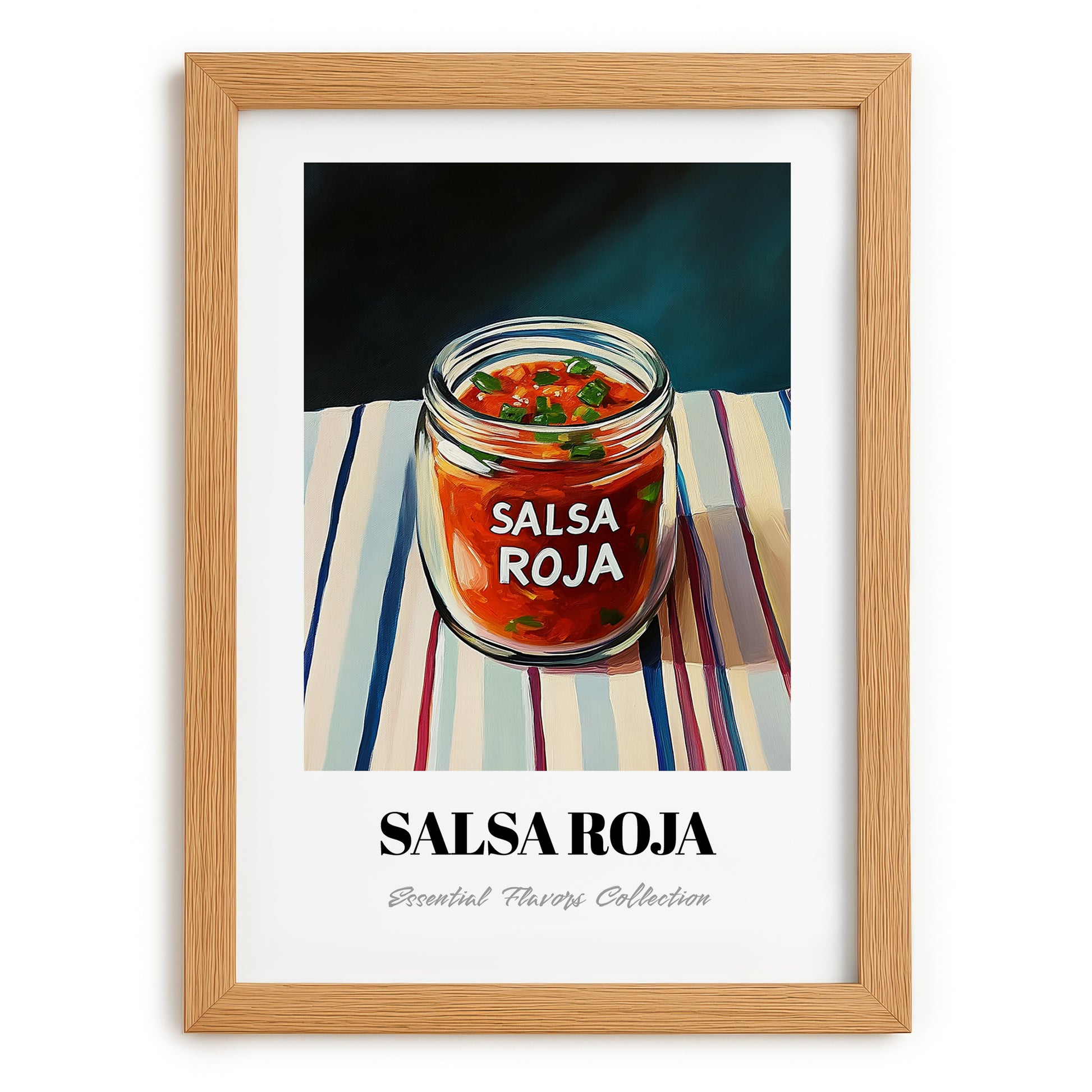 Salsa Roja – on Striped Tablecloth, Food Shelf Poster, set in oak frame