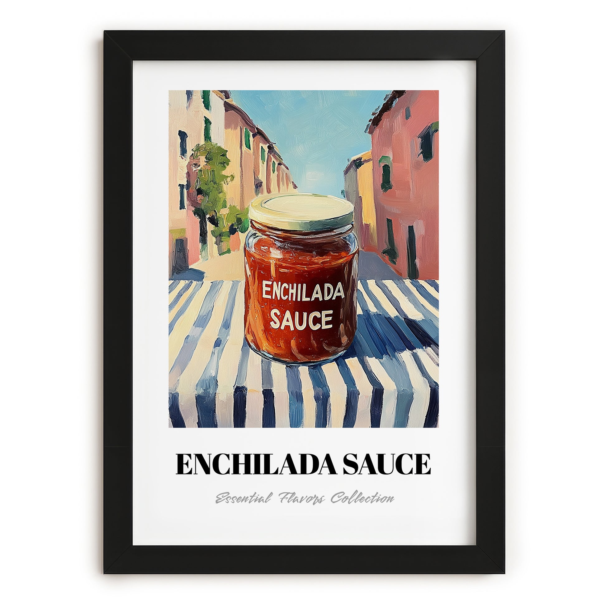 Enchilada Sauce – Italian Outdoor Café Scene, Food Stash Wall Art, in sleek black frame