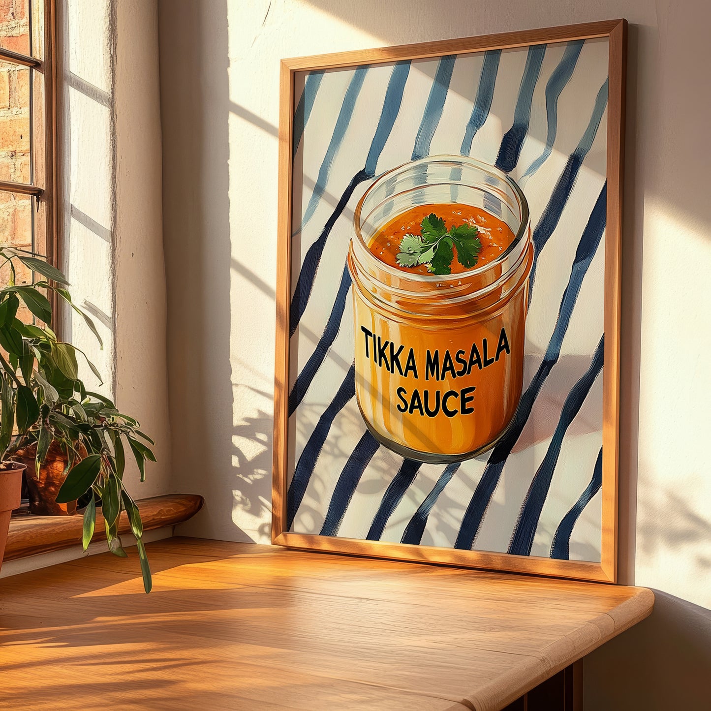 Tikka Masala Sauce – on Striped Tablecloth, Grocery Still Life, clean layout with no caption