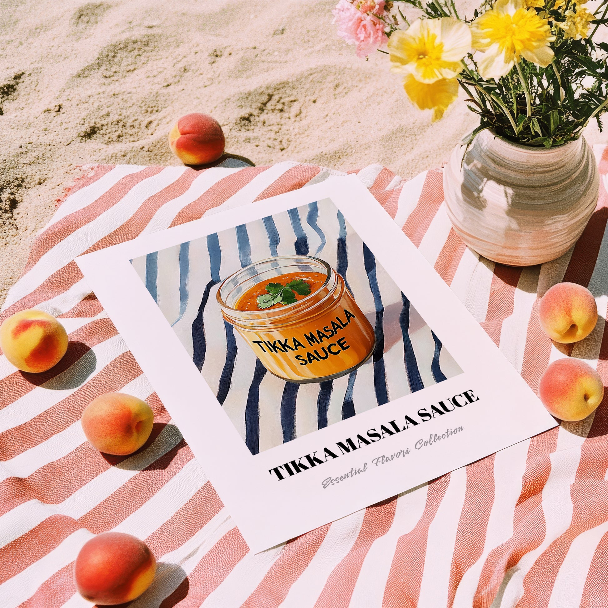Tikka Masala Sauce – on Striped Tablecloth, Grocery Still Life, unframed on coastal sand