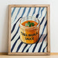 Tikka Masala Sauce – on Striped Tablecloth, Grocery Still Life, no-text version framed in wood