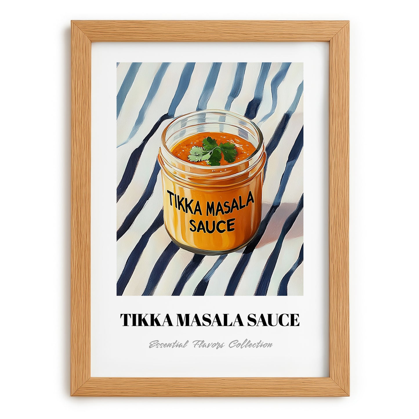 Tikka Masala Sauce – on Striped Tablecloth, Grocery Still Life, set in oak frame