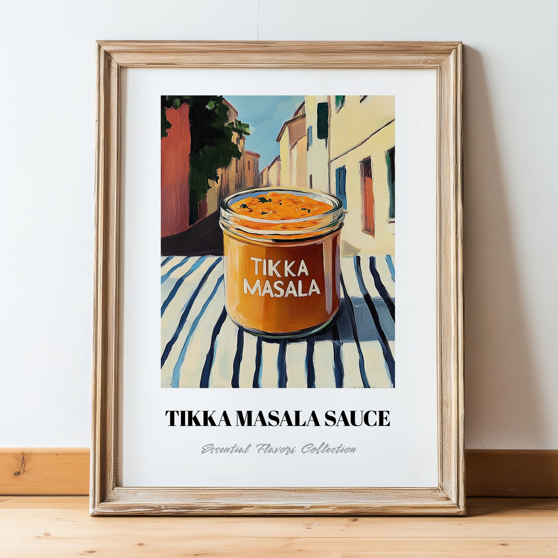 Tikka Masala Sauce – Italian Urban Café Scene, Pantry Poster, in wooden frame leaning on the floor