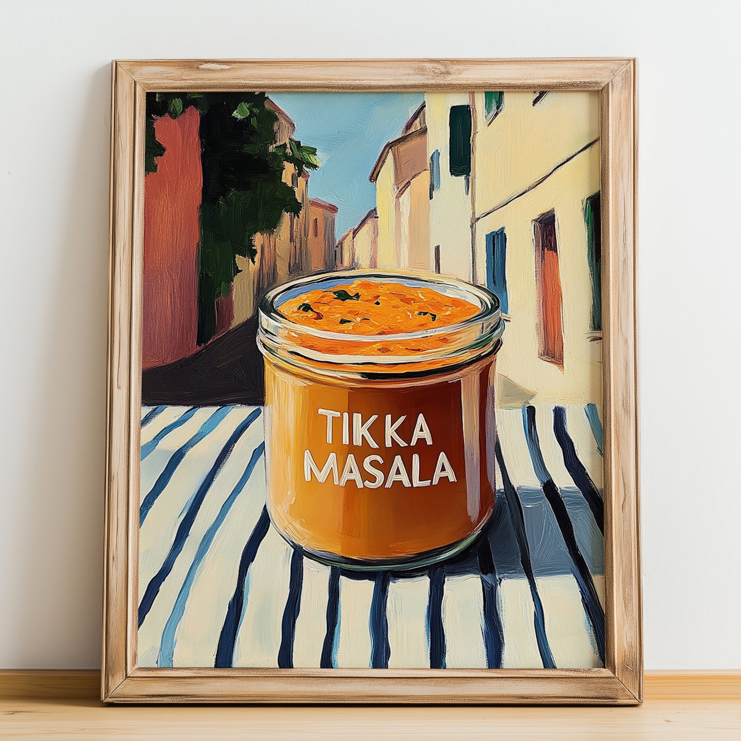 Tikka Masala Sauce – Italian Urban Café Scene, Pantry Poster, no-text version framed in wood