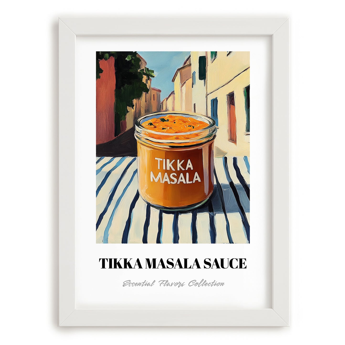 Tikka Masala Sauce – Italian Urban Café Scene, Pantry Poster, placed in minimal white frame