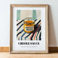 Creole Sauce – on Striped Tablecloth, Grocery Illustration, in wooden frame leaning on the floor