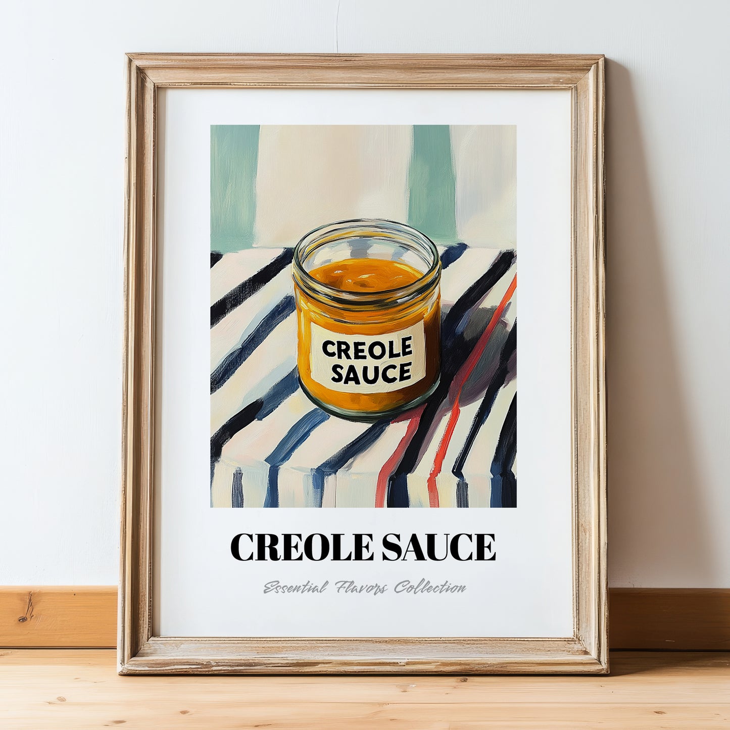 Creole Sauce – on Striped Tablecloth, Grocery Illustration, in wooden frame leaning on the floor