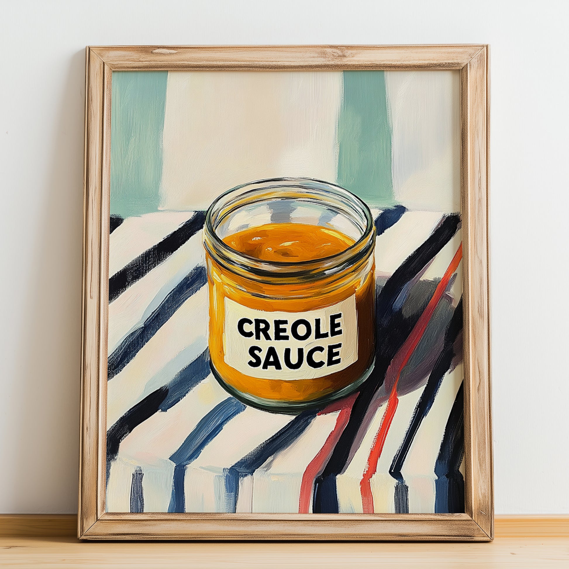Creole Sauce – on Striped Tablecloth, Grocery Illustration, no-text version framed in wood