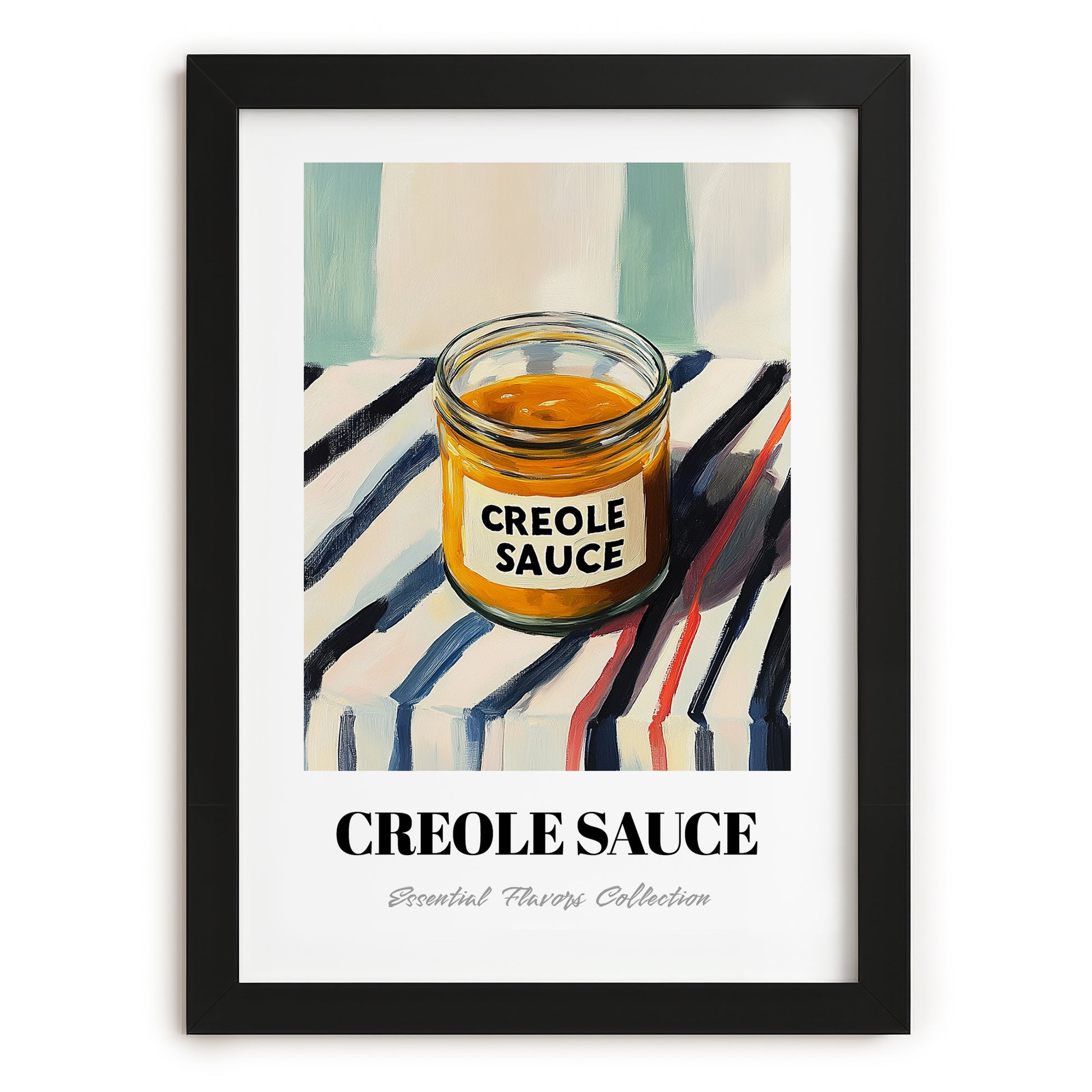 Creole Sauce – on Striped Tablecloth, Grocery Illustration, in sleek black frame