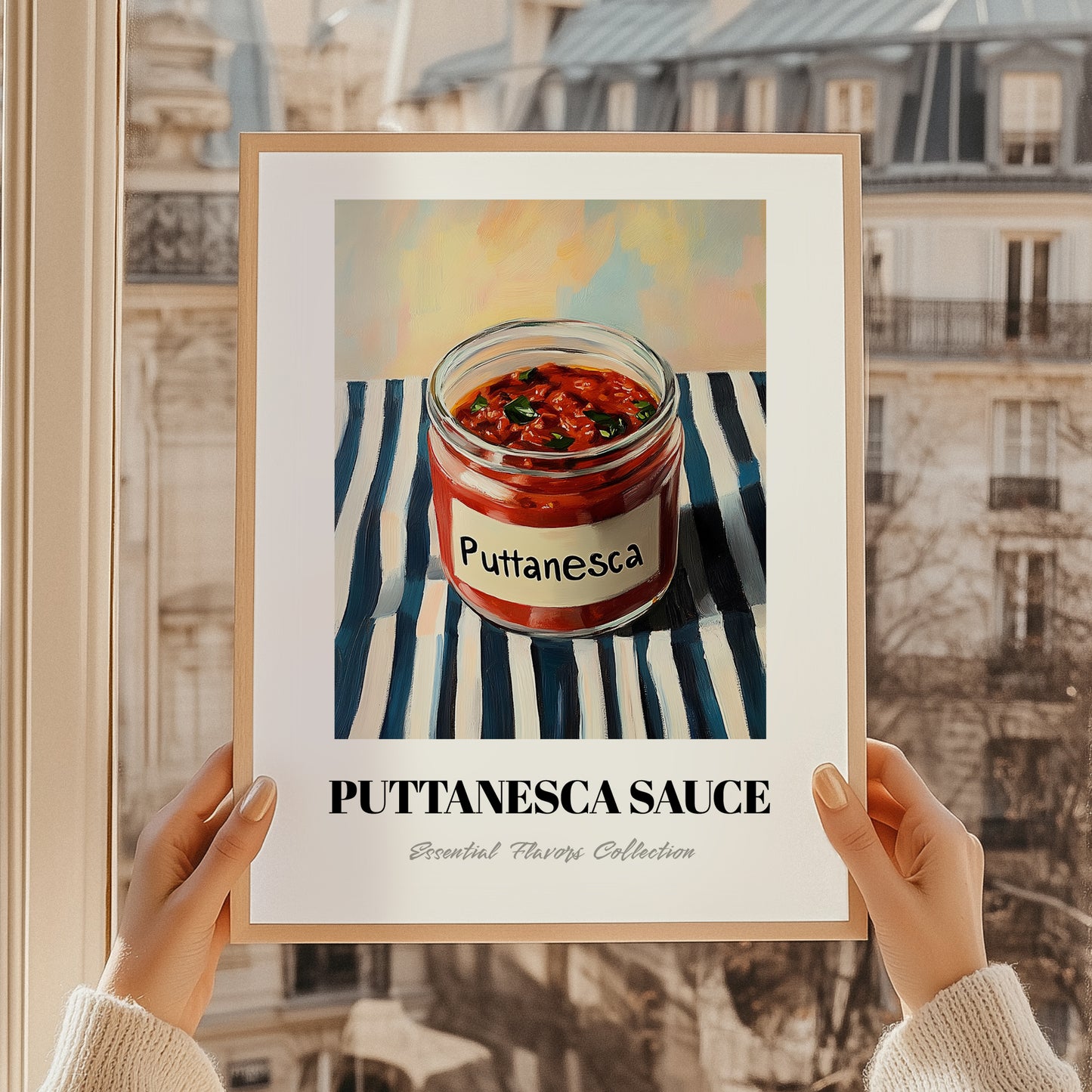 Putanesca Sauce – on Striped Tablecloth, Kitchen Storage Wall Print, styled in a charming Paris street view