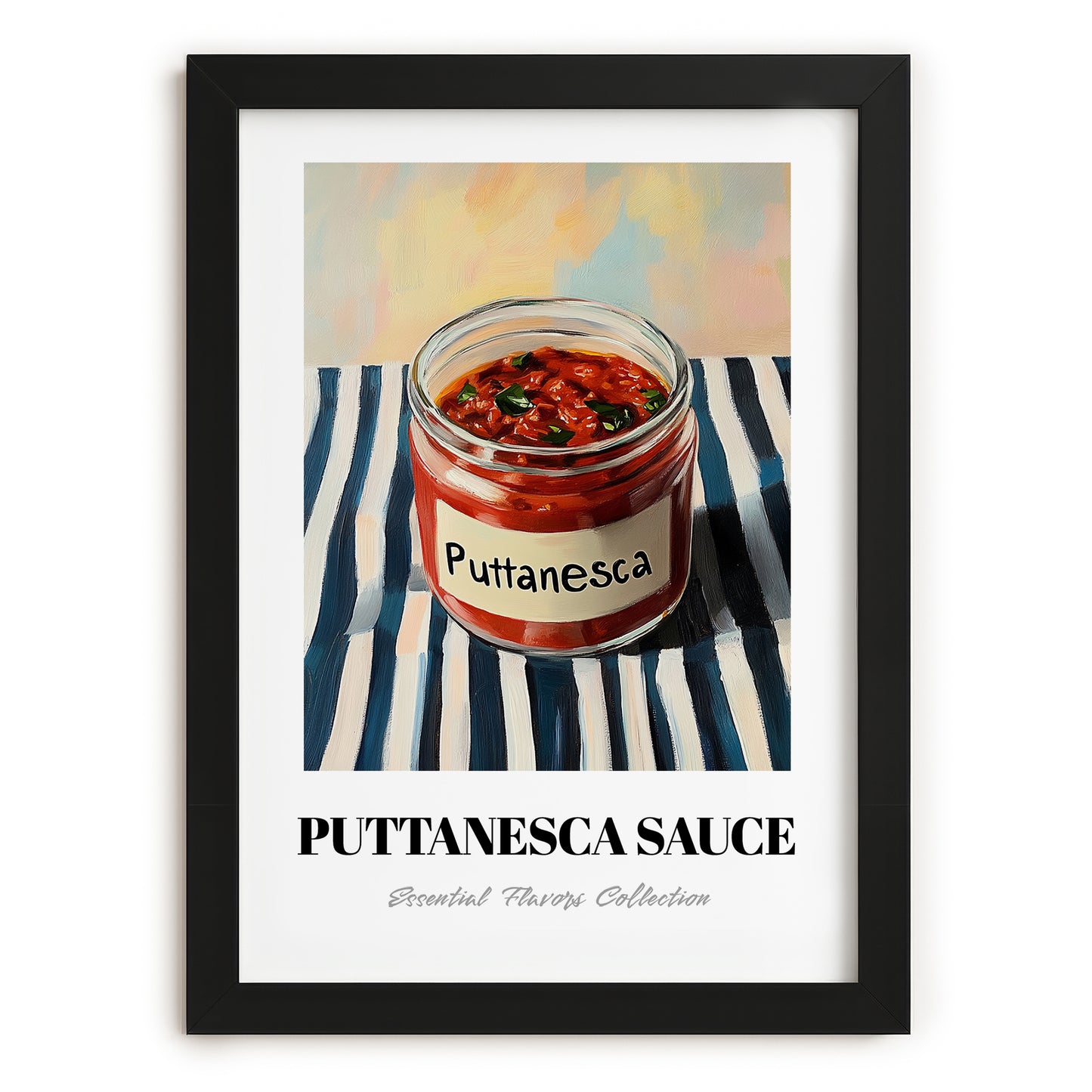 Putanesca Sauce – on Striped Tablecloth, Kitchen Storage Wall Print, in sleek black frame