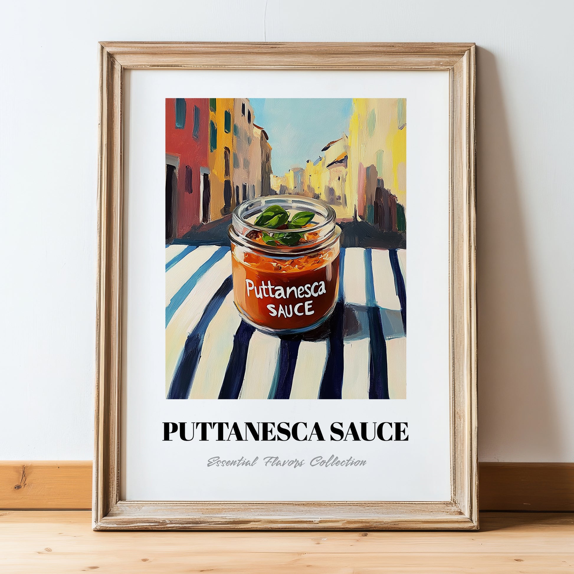 Putanesca Sauce – Italian Outdoor Café Scene, Food Shelf Wall Decor, in wooden frame leaning on the floor