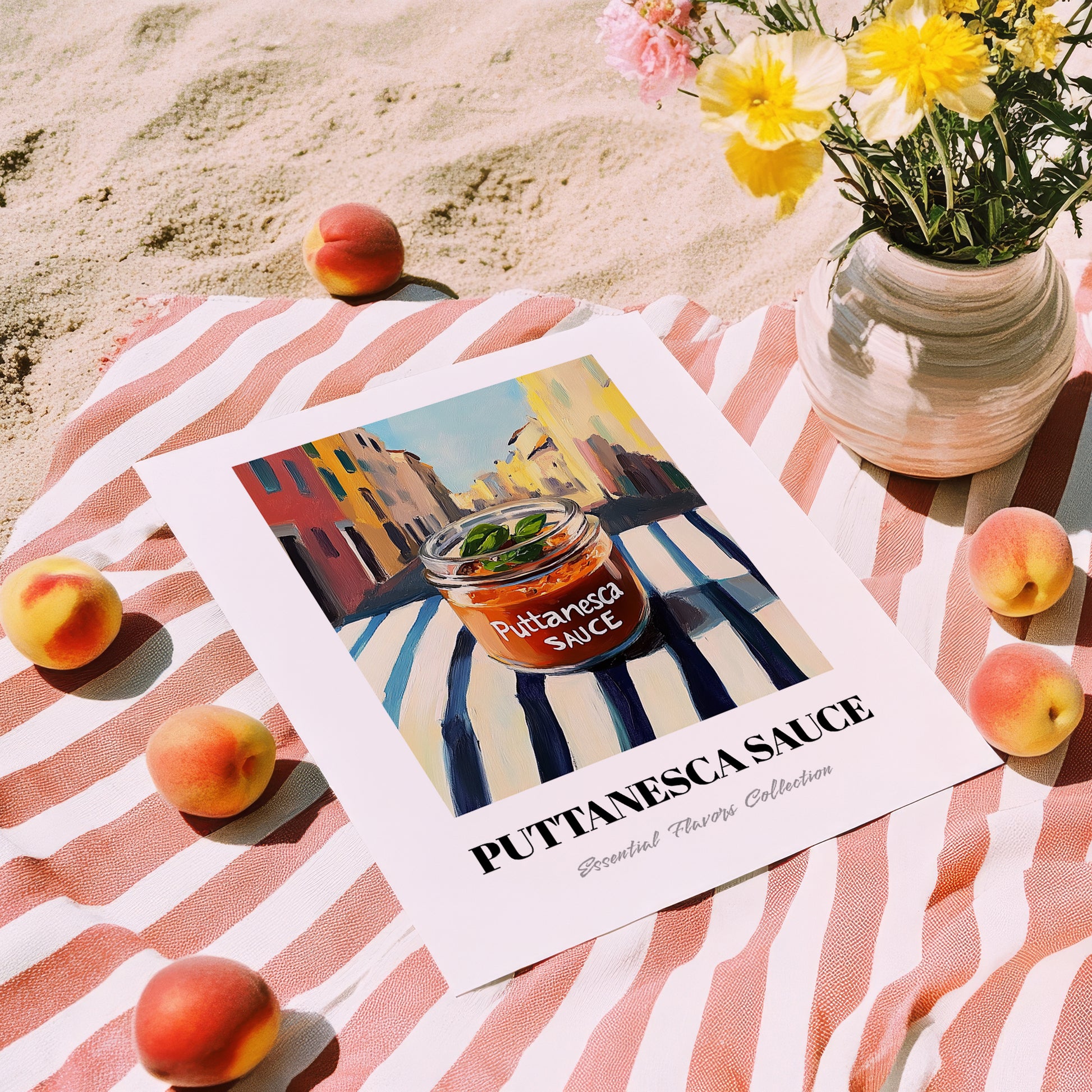 Putanesca Sauce – Italian Outdoor Café Scene, Food Shelf Wall Decor, unframed on coastal sand