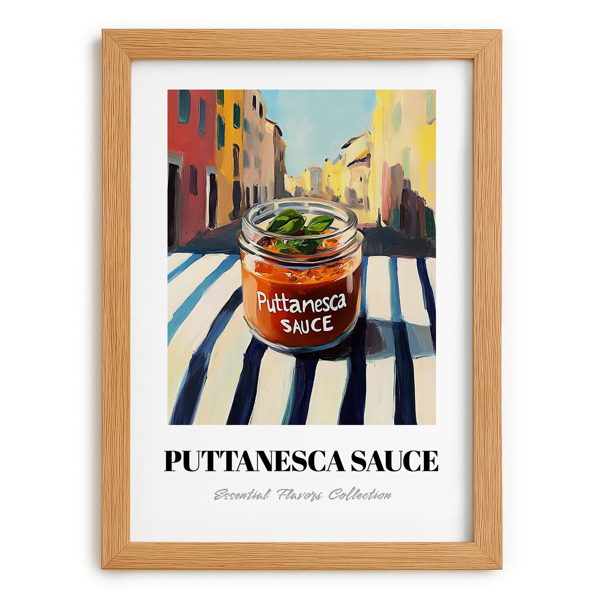 Putanesca Sauce – Italian Outdoor Café Scene, Food Shelf Wall Decor, set in oak frame