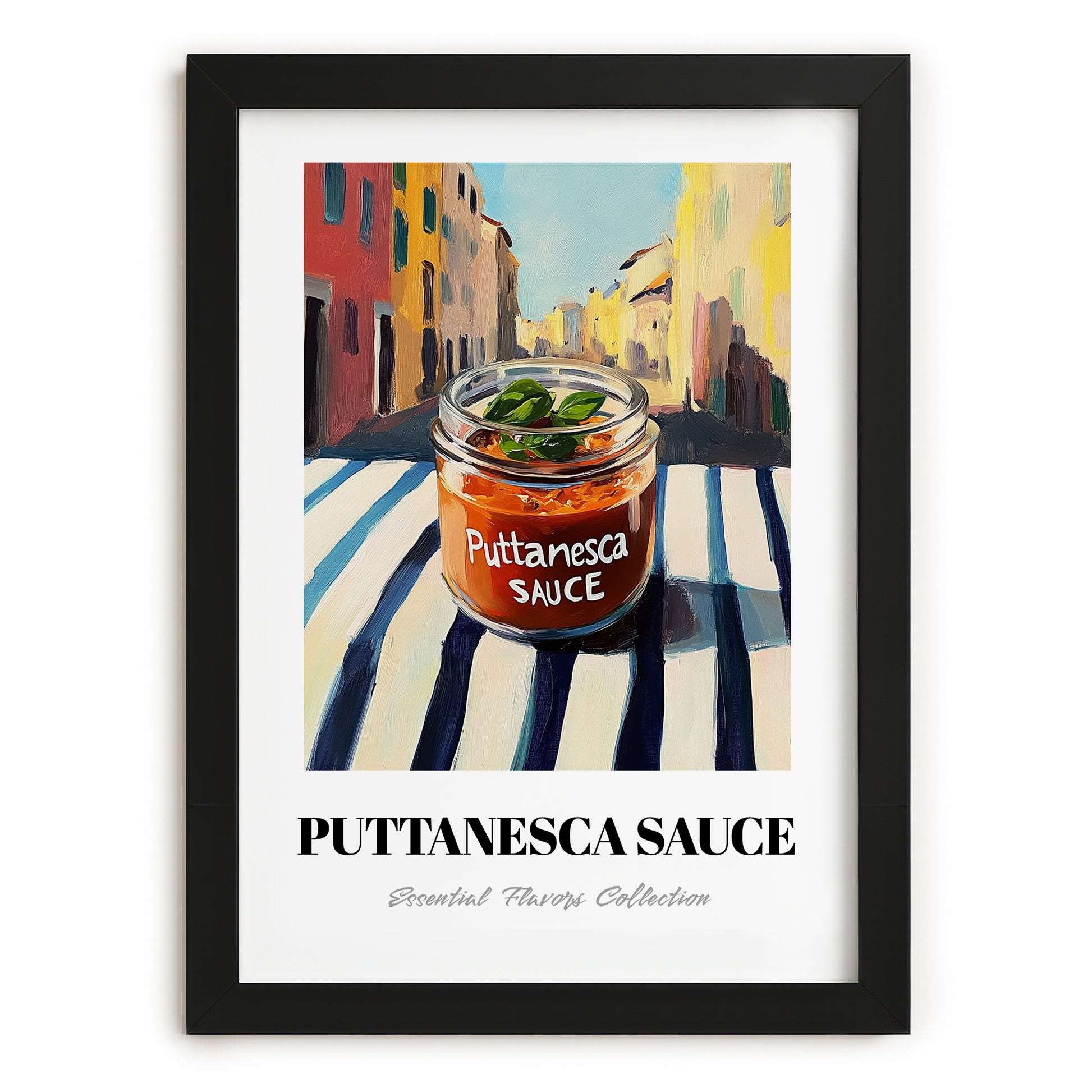 Putanesca Sauce – Italian Outdoor Café Scene, Food Shelf Wall Decor, in sleek black frame