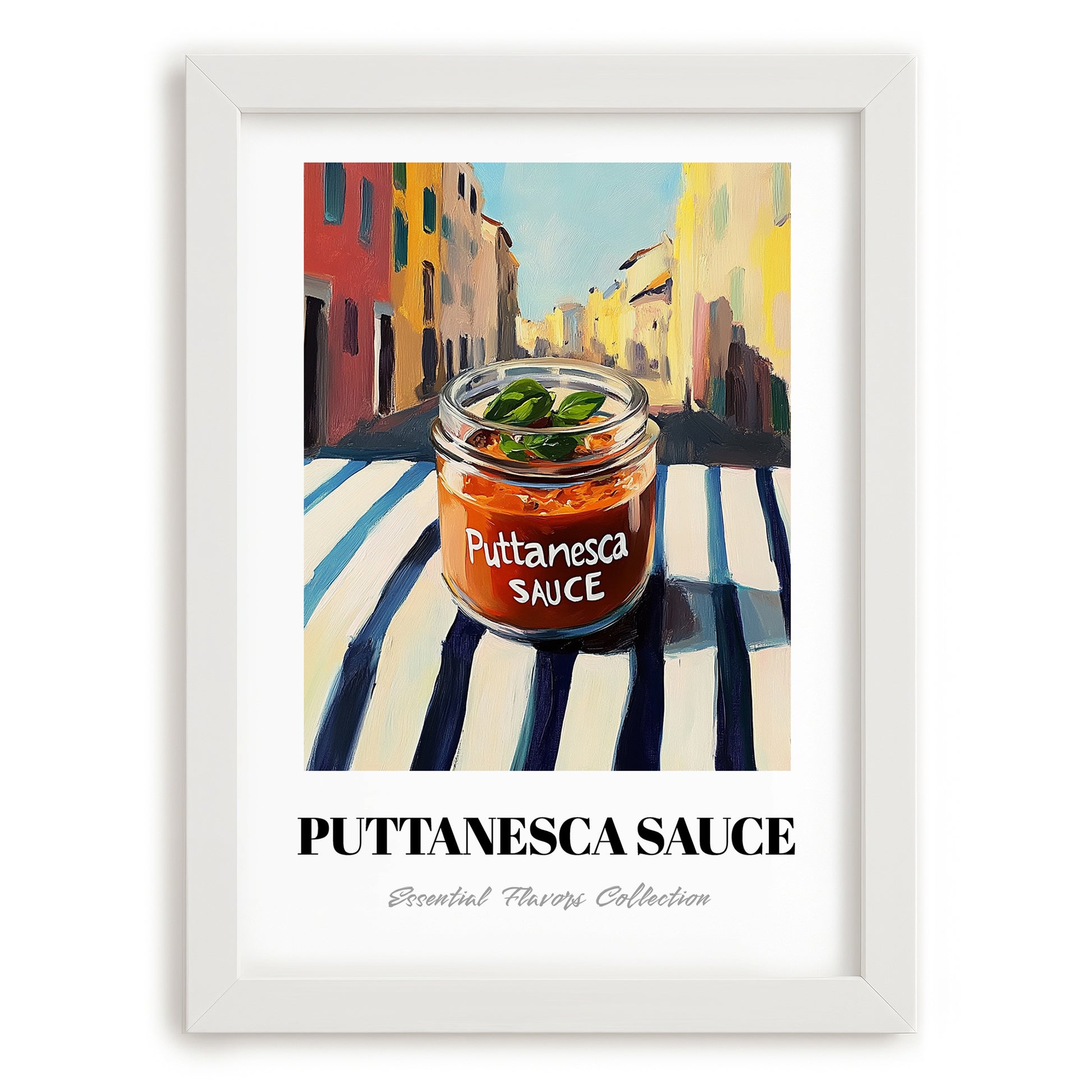 Putanesca Sauce – Italian Outdoor Café Scene, Food Shelf Wall Decor, placed in minimal white frame