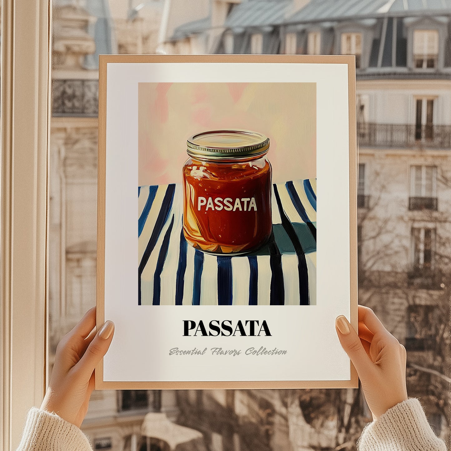 Passata – on Striped Tablecloth, Food Shelf Poster, styled in a charming Paris street view