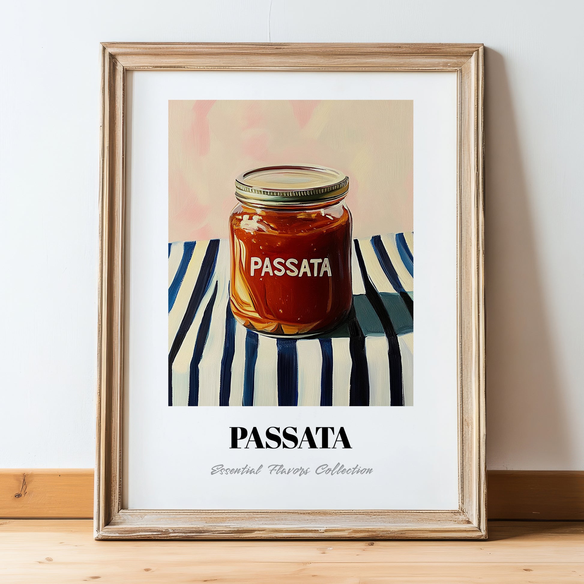 Passata – on Striped Tablecloth, Food Shelf Poster, in wooden frame leaning on the floor