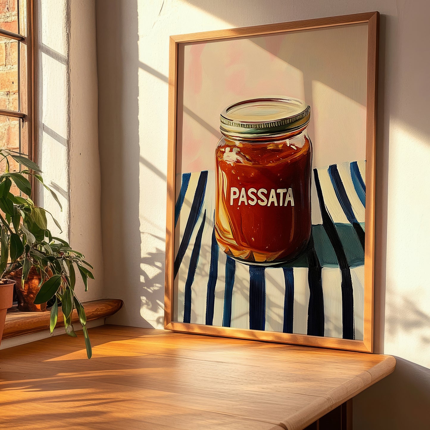 Passata – on Striped Tablecloth, Food Shelf Poster, clean layout with no caption