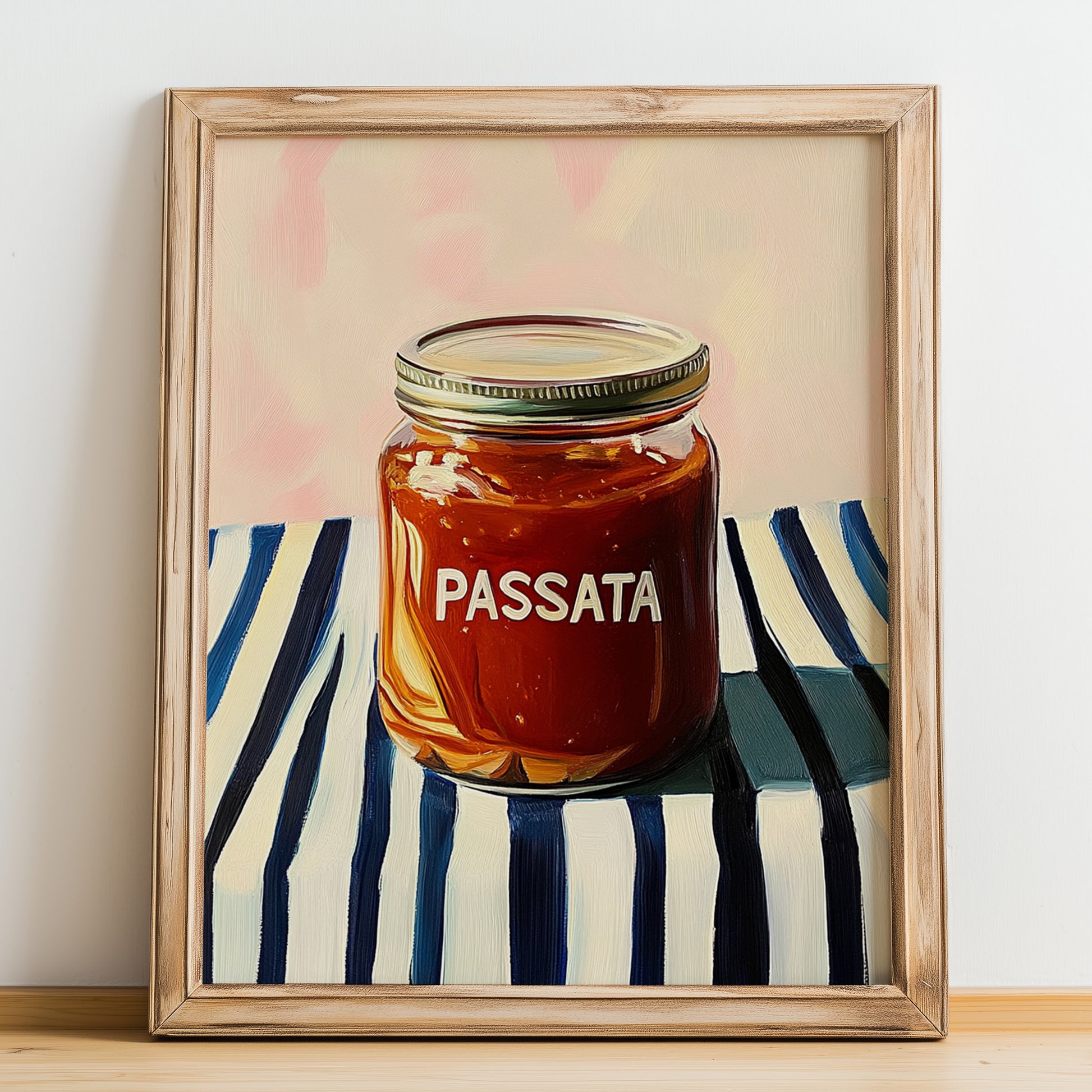 Passata – on Striped Tablecloth, Food Shelf Poster, no-text version framed in wood