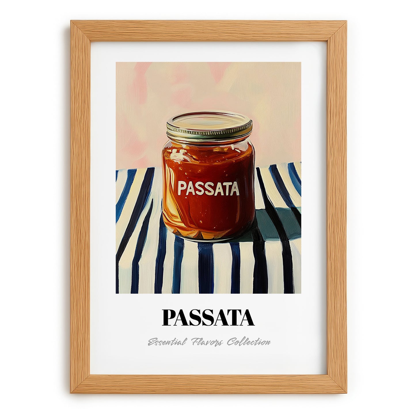Passata – on Striped Tablecloth, Food Shelf Poster, set in oak frame