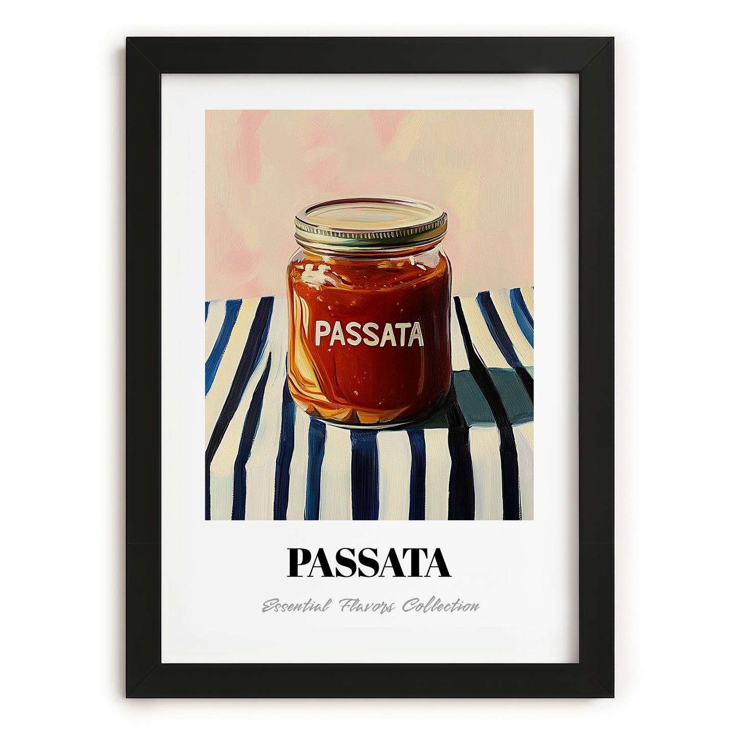Passata – on Striped Tablecloth, Food Shelf Poster, in sleek black frame