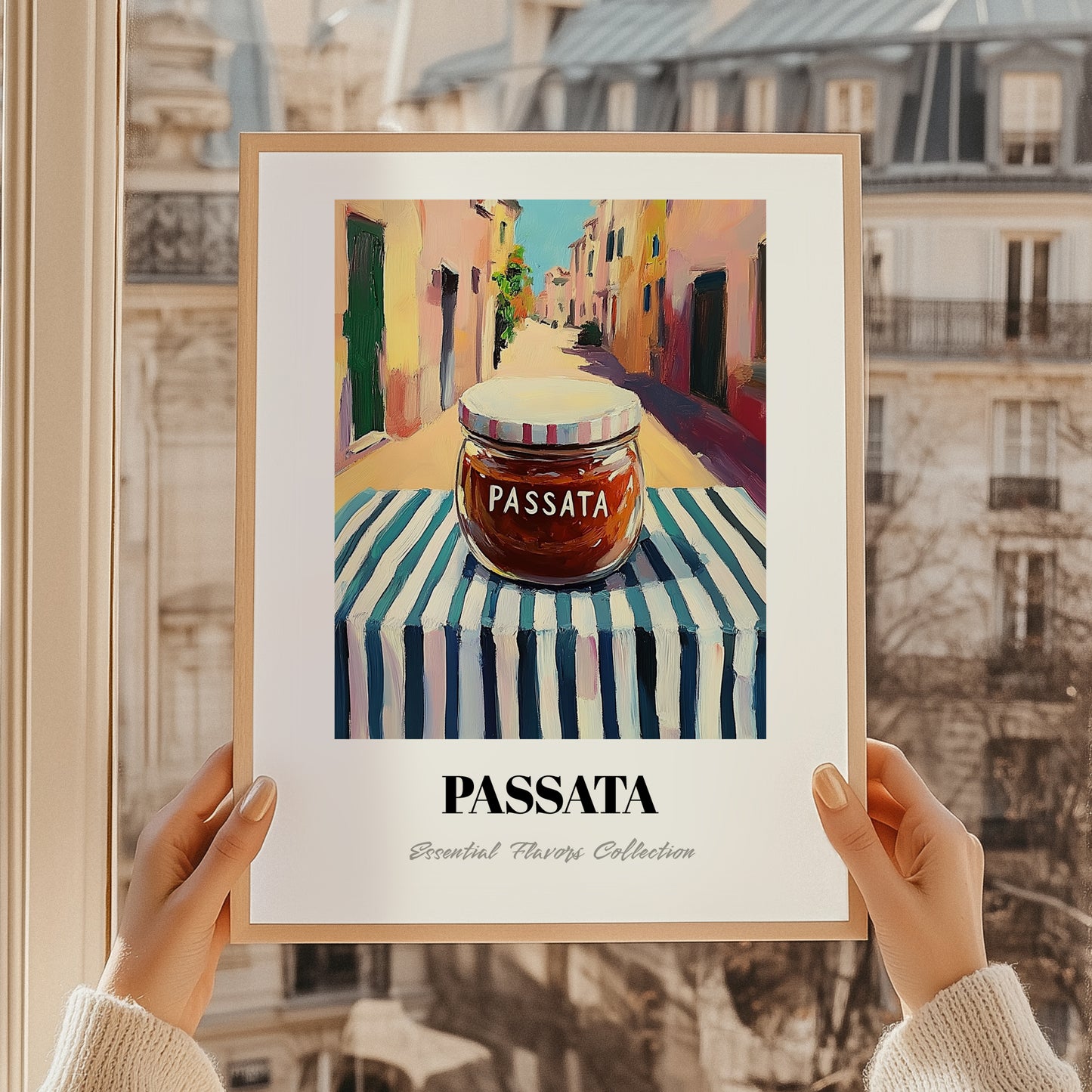 Passata – Italian Street Café Scene, Ingredients Corner Poster, styled in a charming Paris street view