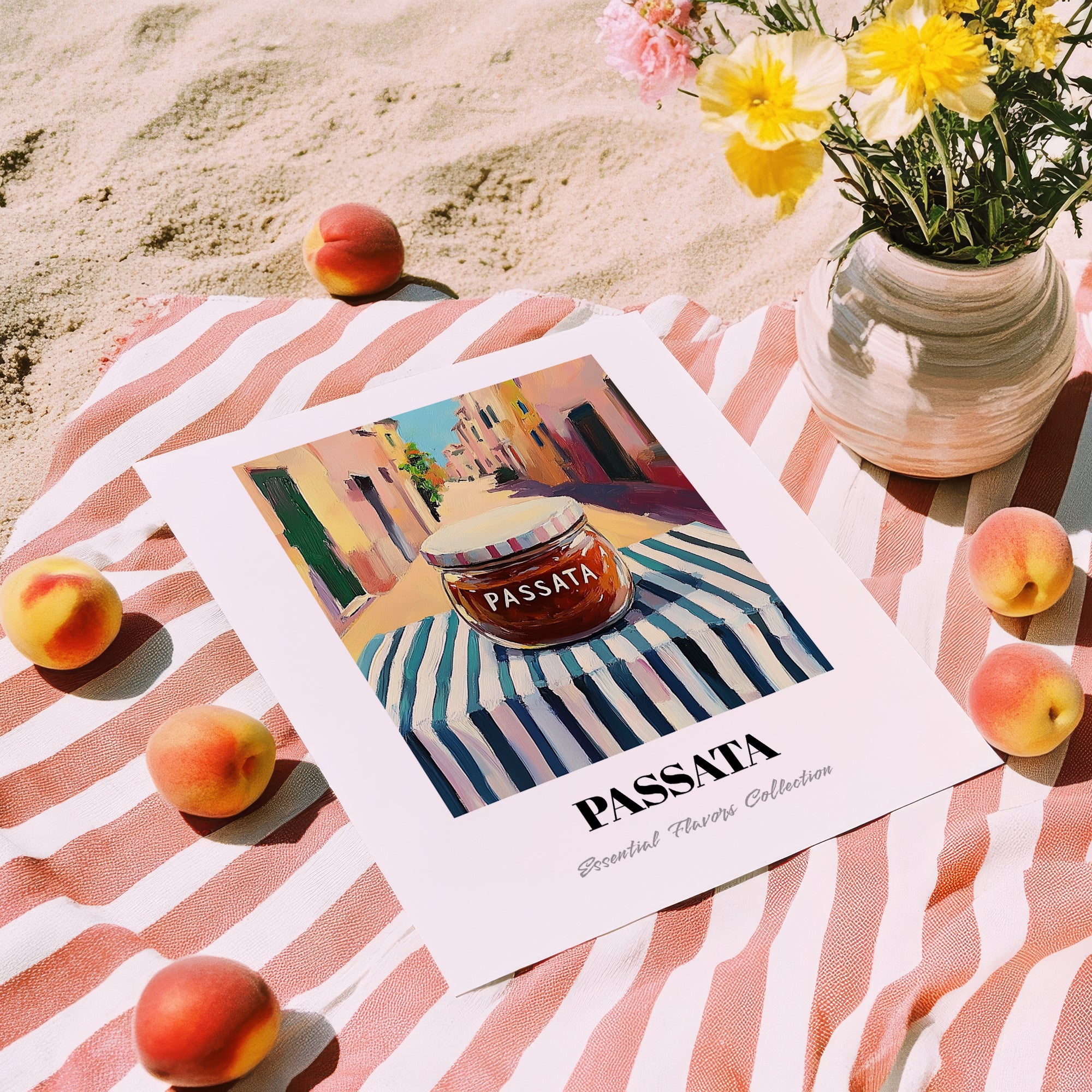 Passata – Italian Street Café Scene, Ingredients Corner Poster, unframed on coastal sand