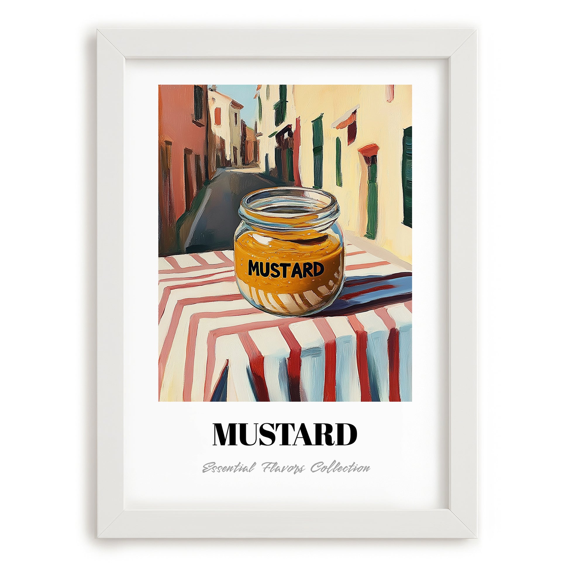 Mustard – Italian Street Café Scene, Pantry Wall Decor, placed in minimal white frame