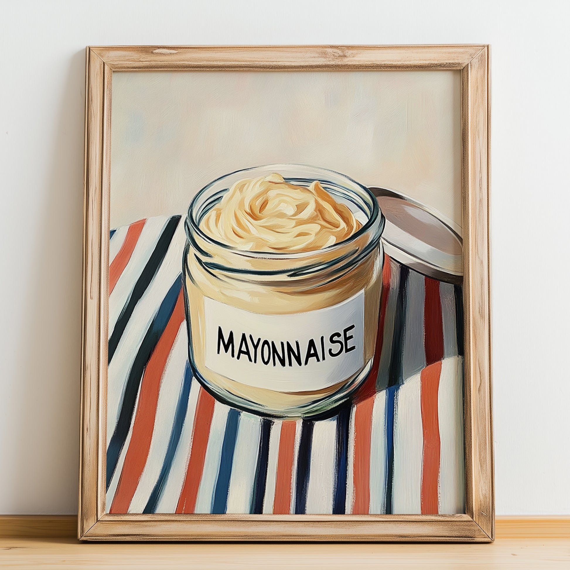 Mayonnaise – on Striped Tablecloth, Ingredients Corner Wall Decor, no-text version framed in wood