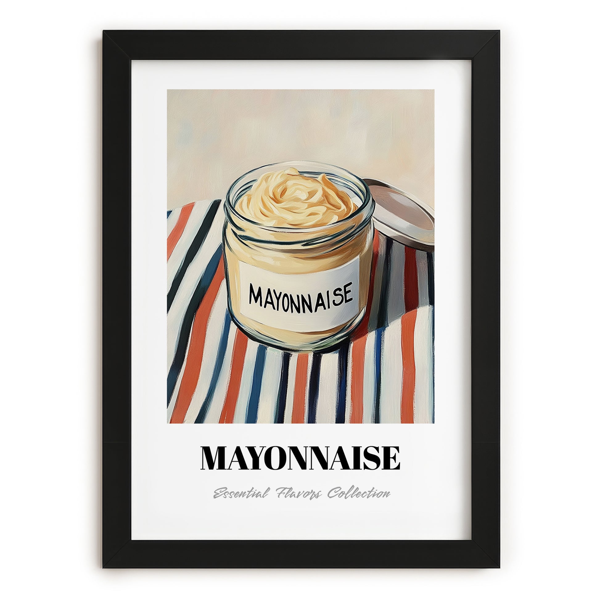 Mayonnaise – on Striped Tablecloth, Ingredients Corner Wall Decor, in sleek black frame