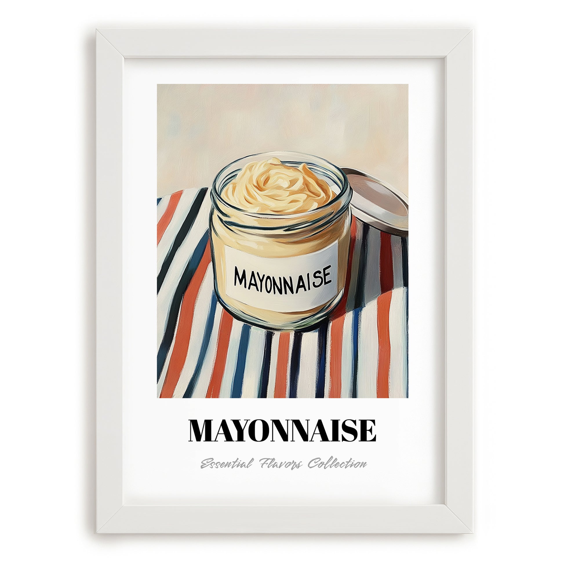 Mayonnaise – on Striped Tablecloth, Ingredients Corner Wall Decor, placed in minimal white frame