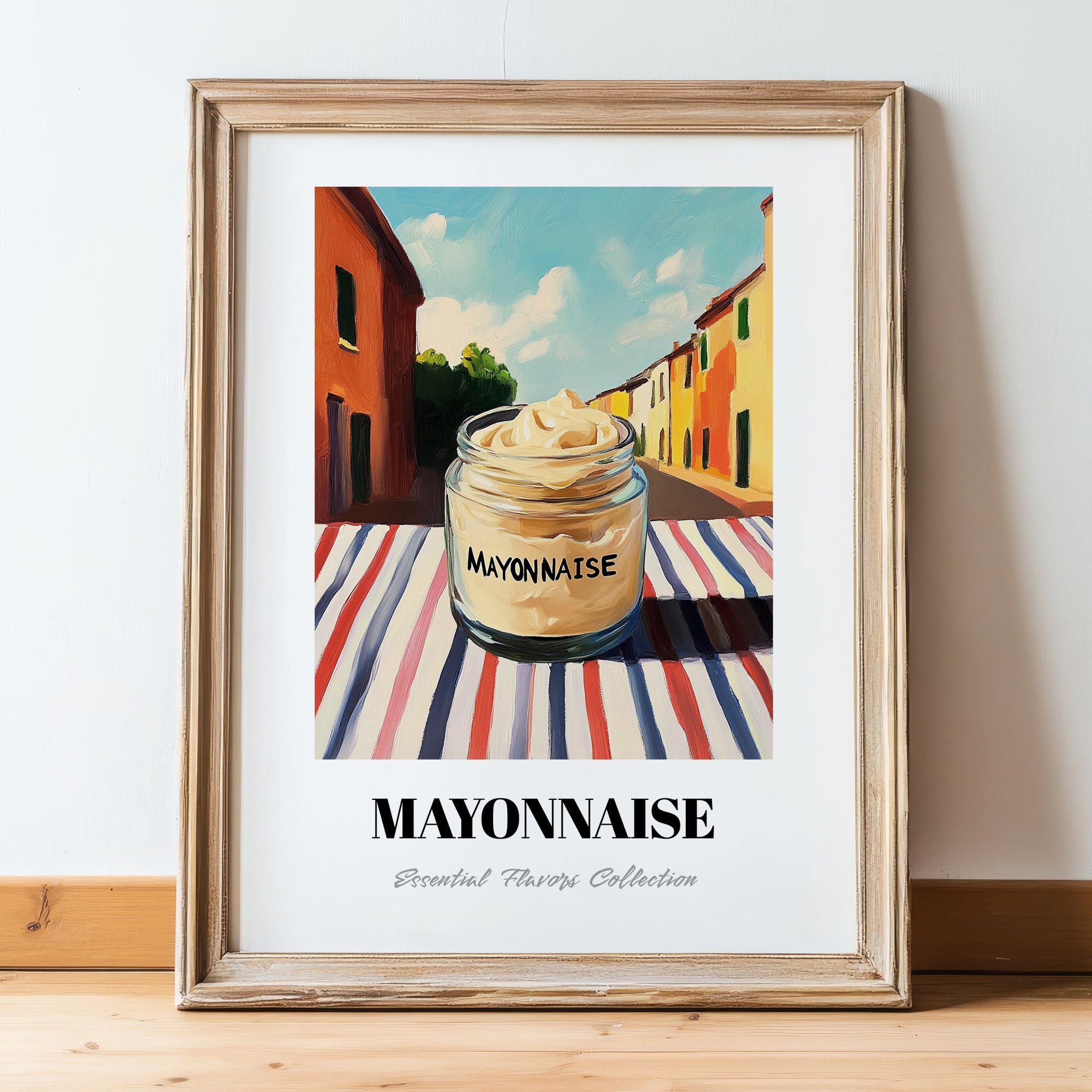 Mayonnaise – Italian Street Café Scene, Grocery Print, in wooden frame leaning on the floor