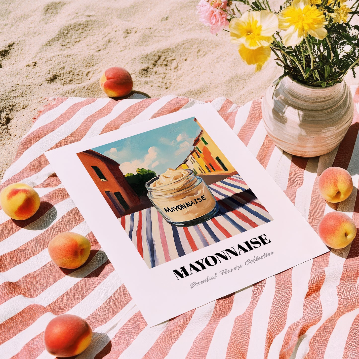 Mayonnaise – Italian Street Café Scene, Grocery Print, unframed on coastal sand