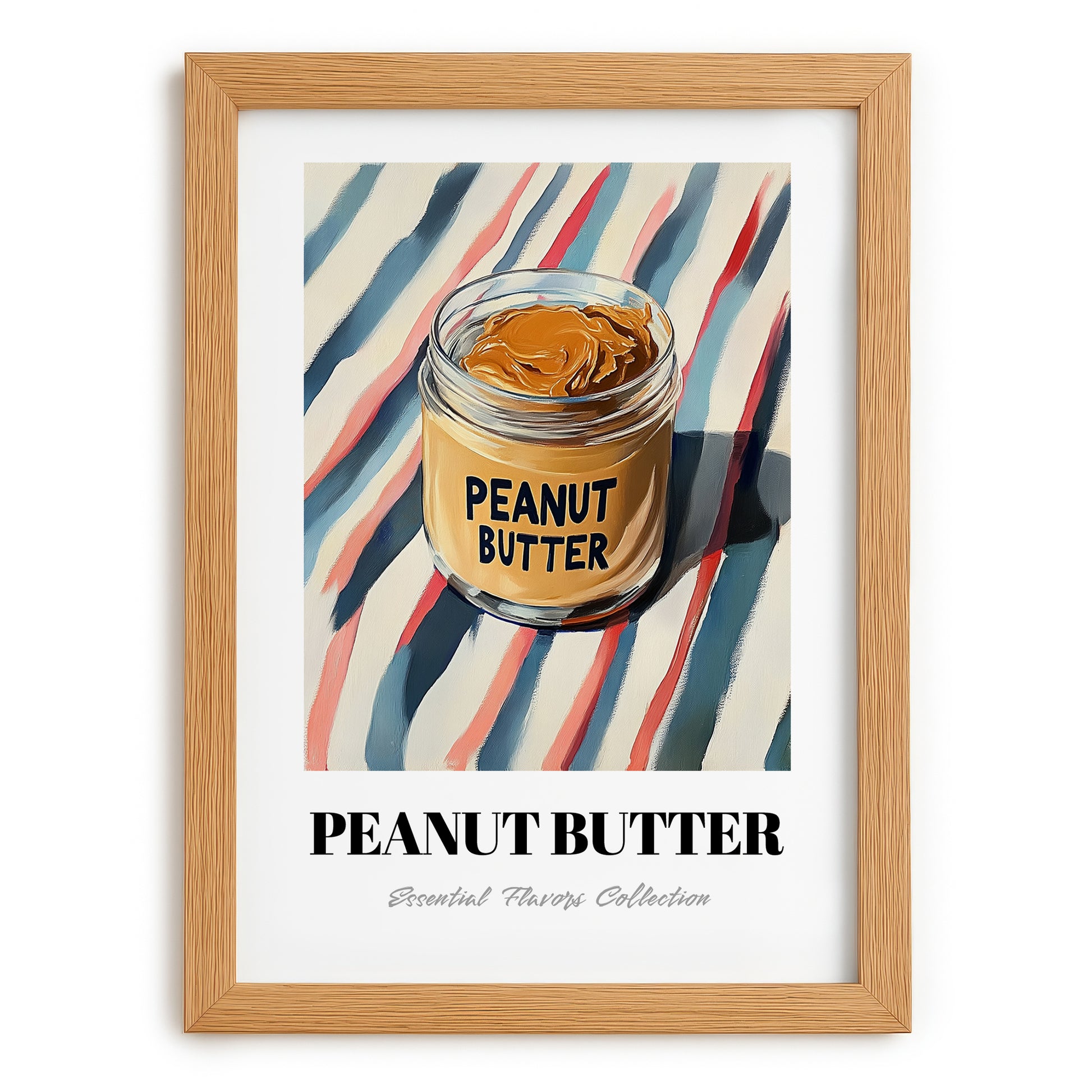 Peanut Butter – on Striped Tablecloth, Food Shelf Still Life, set in oak frame