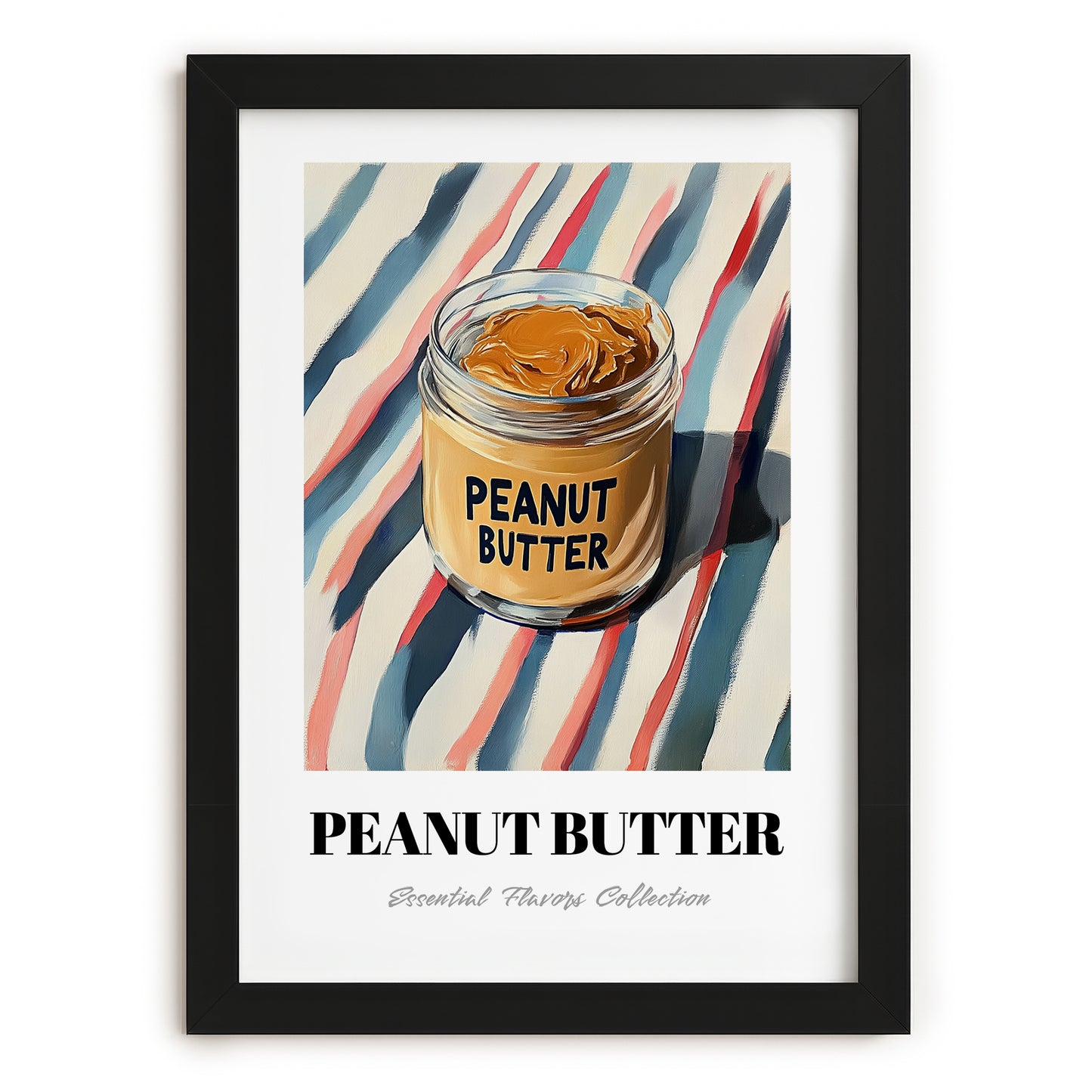 Peanut Butter – on Striped Tablecloth, Food Shelf Still Life, in sleek black frame