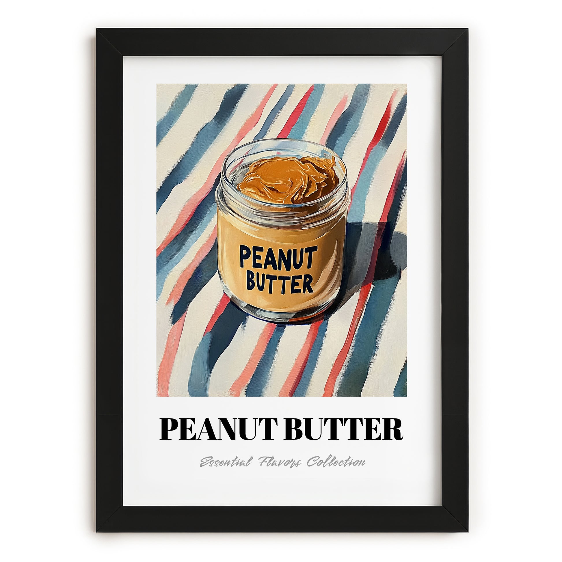 Peanut Butter – on Striped Tablecloth, Food Shelf Still Life, in sleek black frame