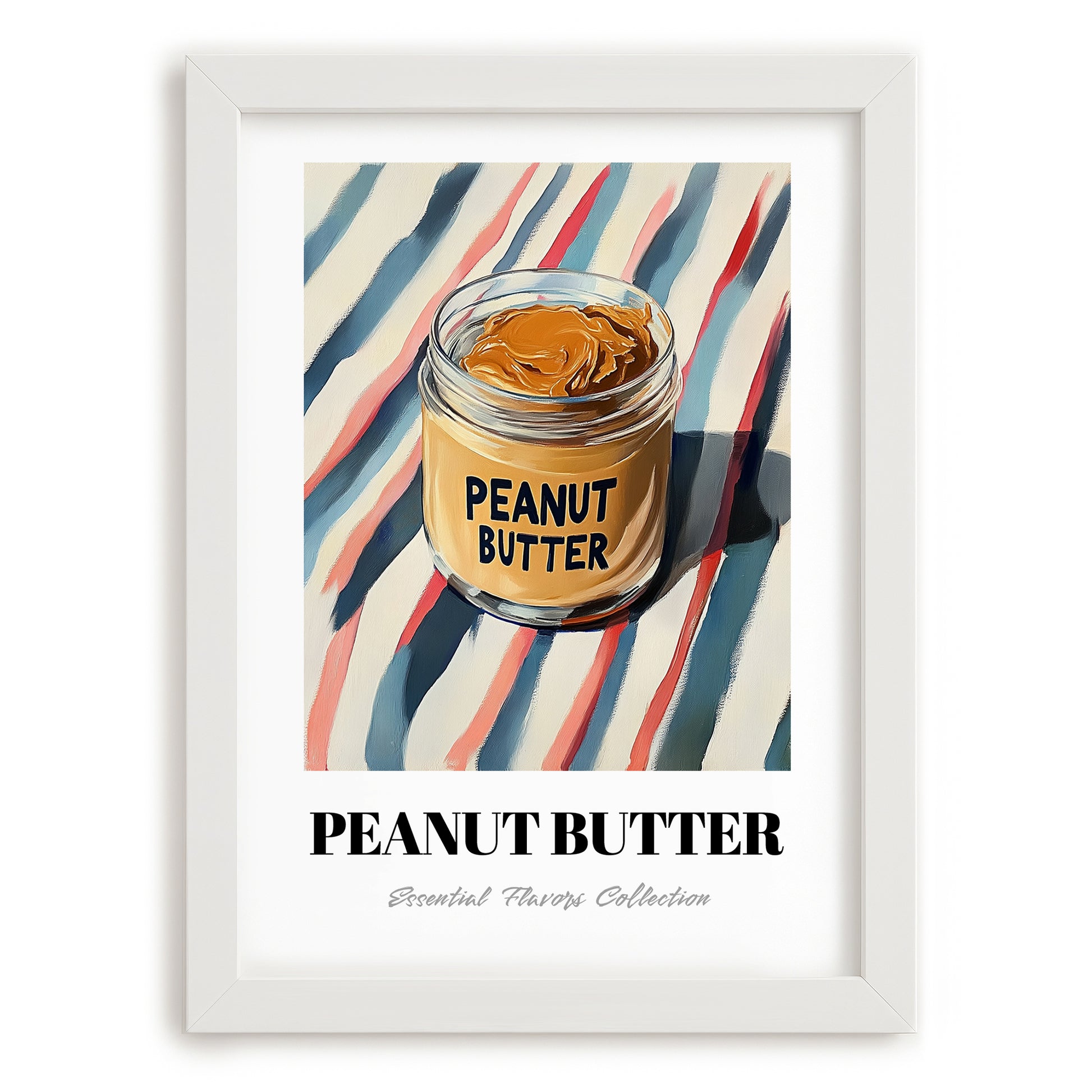 Peanut Butter – on Striped Tablecloth, Food Shelf Still Life, placed in minimal white frame