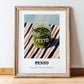 Green Pesto – on Striped Tablecloth, Pantry Print, in wooden frame leaning on the floor